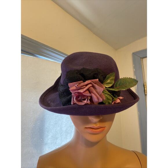 Vintage 70s Women Hat 100% Wool Purple Rose Black Lace Royal Core Gothic Grunge - Picture 11 of 11